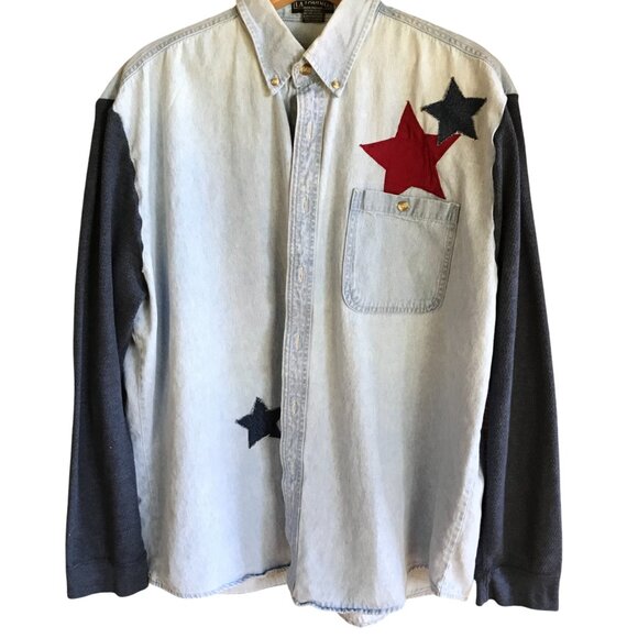 Upcycled Denim Road Trip Shirt: Patchwork Stars, Waffle Knit Sleeves (Unisex XL) - Picture 3 of 12